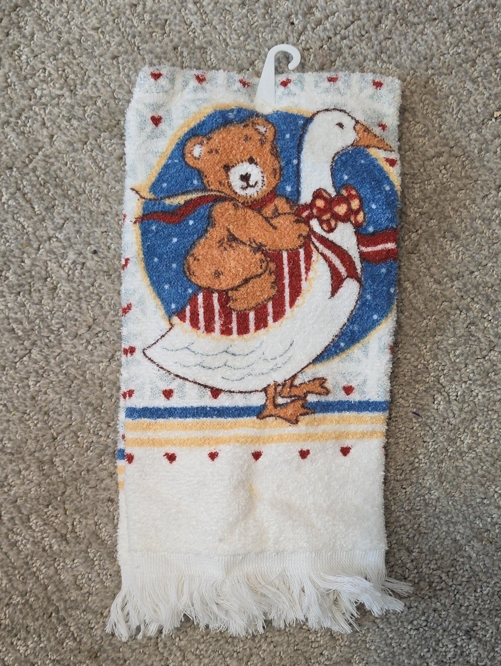 Vintage NWT Teddy Bear & Goose Decorative Kitchen Hand Towel - White, Blue, Red